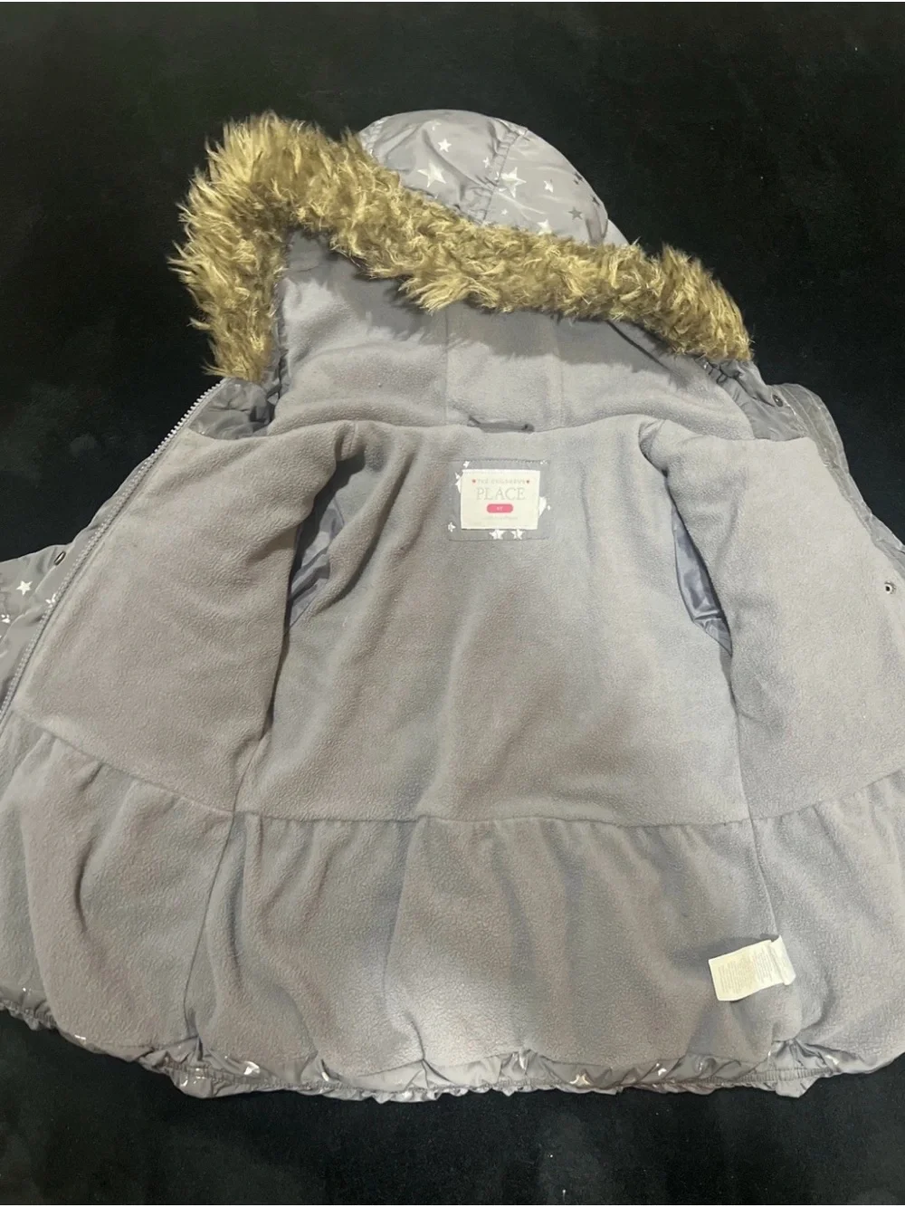 The Children's Place Gray Star-Print Puffer Coat with Faux-Fur Hood